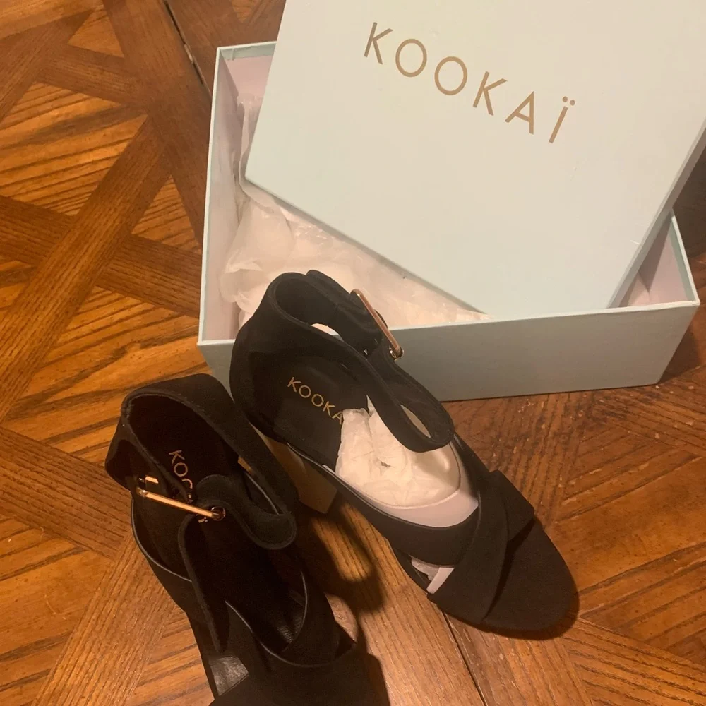 KOOKAI Sz 39 Black Jennifer heels Leather Upper Wooden Platform Heels NWT 🤎 - Picture 8 of 11